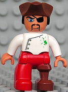 Duplo Figure Lego Ville, Male Pirate, Red Legs, White Top with Buttons and Green Spots, Reddish Brown Pirate Hat, Eyepatch, Peg Leg 
