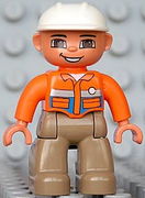 Duplo Figure Lego Ville, Male, Dark Tan Legs, Orange Shirt, Brown Eyes, White Construction Helmet 