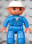 Duplo Figure Lego Ville, Male, Blue Legs, Blue Top with Pockets, White Hat, Brown Eyes and Open Mouth Smile 