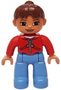 Duplo Figure Lego Ville, Female, Medium Blue Legs, Red Jacket with Black Zipper and Pockets, Reddish Brown Ponytail Hair 