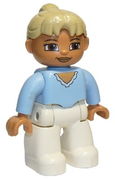 Duplo Figure Lego Ville, Female, White Legs, Bright Light Blue Top, Tan Ponytail Hair, Brown Eyes 