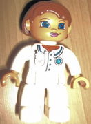 Duplo Figure Lego Ville, Female, Medic, White Legs, White Top with Pocket and EMT Star of Life Pattern, Reddish Brown Hair, Blue Eyes 