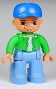 Duplo Figure Lego Ville, Male, Medium Blue Legs, Bright Green Top with White Undershirt, Blue Cap 