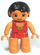 Duplo Figure Lego Ville, Female, Red Swimsuit with Yellow Bow, Black Hair 