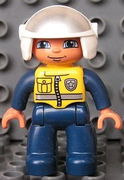 Duplo Figure Lego Ville, Male Police, Dark Blue Legs & Jumpsuit with Yellow Vest, White Helmet 