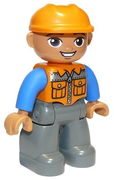 Duplo Figure Lego Ville, Male, Dark Bluish Gray Legs, Orange Vest with Zipper and Pockets, Orange Construction Helmet, Oval Eyes 