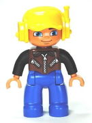 Duplo Figure Lego Ville, Male, Blue Legs, Brown Vest with Zipper and Zippered Pockets, Yellow Cap with Headset 