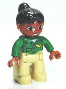 Duplo Figure Lego Ville, Female, Tan Legs, Green Top with 'ZOO' on Front and Back, Black Ponytail Hair, Brown Head (Zoo Worker) 