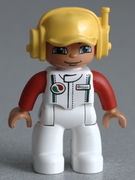 Duplo Figure Lego Ville, Male, White Legs, White Race Top with Octan Logo, Yellow Cap with Headset 