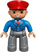 Duplo Figure Lego Ville, Male, Dark Bluish Gray Legs, Blue Jacket with Tie, Red Hat, Smile with Teeth (Train Conductor) 