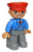 Duplo Figure Lego Ville, Male, Dark Bluish Gray Legs, Blue Jacket with Tie, Red Hat, Smile with Teeth (Train Conductor), Oval Eyes 