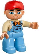 Duplo Figure Lego Ville, Male, Medium Blue Legs, Tan Top with Medium Blue Overalls, Bandana, Red Cap 
