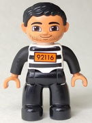 Duplo Figure Lego Ville, Male, Black Legs, Black and White Striped Top with Number 92116, Black Hair (Prisoner) 