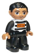 Duplo Figure Lego Ville, Male, Black Legs, Black and White Striped Top with Number 92116, Black Hair (Prisoner), Oval Eyes 