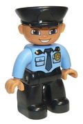 Duplo Figure Lego Ville, Male Police, Black Legs, Medium Blue Top with Badge, Black Hat 