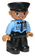 Duplo Figure Lego Ville, Male Police, Black Legs, Medium Blue Top with Badge, Black Hat, Oval Eyes 
