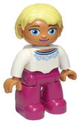 Duplo Figure Lego Ville, Female, Magenta Legs, White Sweater with Blue Pattern, Bright Light Yellow Hair, Blue Oval Eyes 