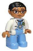 Duplo Figure Lego Ville, Male Medic, Medium Blue Legs, White Lab Coat, Stethoscope, Glasses, Black Hair, Oval Eyes 
