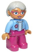Duplo Figure Lego Ville, Female, Magenta Legs, Medium Blue Top with Flower, Light Bluish Gray Hair, Blue Eyes, Glasses, Oval Eyes 