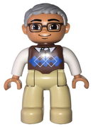 Duplo Figure Lego Ville, Male, Tan Legs, Reddish Brown Argyle Sweater Vest, White Arms, Light Bluish Gray Hair, Glasses 