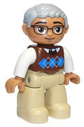 Duplo Figure Lego Ville, Male, Tan Legs, Reddish Brown Argyle Sweater Vest, White Arms, Light Bluish Gray Hair, Glasses, Oval Eyes 