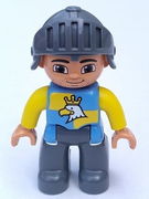 Duplo Figure Lego Ville, Male Castle, Dark Bluish Gray Legs, Blue and Yellow Chest with Crowned Eagle, Helmet 