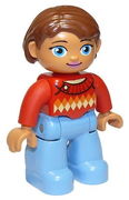 Duplo Figure Lego Ville, Female, Medium Blue Legs, Red Sweater with Diamond Pattern, Reddish Brown Hair, Blue Oval Eyes 