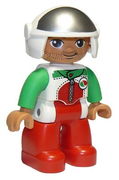 Duplo Figure Lego Ville, Male, Red Legs, Race Top with Zipper and Octan Logo, White Helmet, Oval Eyes 