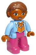 Duplo Figure Lego Ville, Female, Magenta Legs, Medium Blue Top with Necklace, Dark Orange Hair, Oval Eyes 