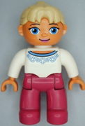 Duplo Figure Lego Ville, Female, Magenta Legs, White Sweater with Blue Flowers Pattern, Tan Ponytail Hair, Blue Eyes, Oval Eyes 