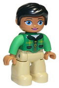 Duplo Figure Lego Ville, Female, Tan Legs, Green Top with Tartan Pattern, Black Hair, Oval Eyes 