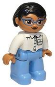 Duplo Figure Lego Ville, Female, Medium Blue Legs, White Top with Pocket, White Arms, Blue Glasses, Black Hair, Oval Eyes 