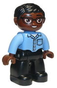 Duplo Figure Lego Ville, Male, Black Legs, Medium Blue Shirt with Pocket, Medium Blue Arms, Brown Head, Glasses, Black Hair, Oval Eyes 