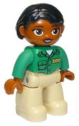 Duplo Figure Lego Ville, Female, Tan Legs, Green Top with 'ZOO' on Front, Brown Head, Black Hair, Brown Eyes, Oval Eyes 