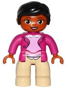 Duplo Figure Lego Ville, Female, Tan Legs, Magenta Jacket and Pink Blouse Pattern, Black Hair, Brown Eyes 