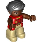 Duplo Figure Lego Ville, Female, Tan Legs, Red Shirt, Black Hair, Reddish Brown Arms, Oval Eyes 