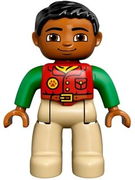 Duplo Figure Lego Ville, Male, Tan Legs, Red Shirt, Black Hair, Bright Green Arms 