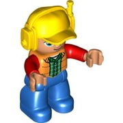 Duplo Figure Lego Ville, Male, Blue Legs, Orange Vest, Dark Green Plaid Shirt, Red Arms, Yellow Cap with Headset, Oval Eyes 