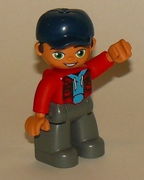 Duplo Figure Lego Ville, Male, Dark Bluish Gray Legs, Red Jacket, Medium Azure Shirt, Dark Blue Cap 