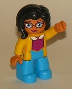 Duplo Figure Lego Ville, Female, Medium Azure Legs, Yellow Jacket, Magenta Top, Black Hair 