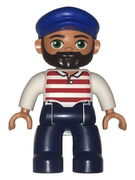 Duplo Figure Lego Ville, Male, Dark Blue Legs, White Shirt with Red Horizontal Stripes, Blue Cap and Beard (10875) 
