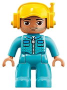 Duplo Figure Lego Ville, Male, Medium Azure Legs, Medium Azure Jacket with Zipper and Pockets, Yellow Cap with Headset 