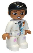 Duplo Figure Lego Ville, Female, White Suit with Zipper, Badge and Color Spots, Black Hair 