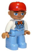Duplo Figure Lego Ville, Male, Medium Blue Legs, White Top with Medium Blue Overalls, Bandana, Red Cap, Oval Eyes 