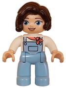 Duplo Figure Lego Ville, Female, Bright Light Blue Legs with Overalls, White Top, Dark Brown Hair (6427981)