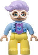Duplo Figure Lego Ville, Female, Bright Light Yellow Legs, Bright Light Blue Jacket, Medium Lavender Cat Shirt, White Glasses, Lavender Hair (6444490)