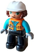Duplo Figure Lego Ville, Female, Black Legs, Orange Vest with Badge and Pocket, Medium Azure Arms, Light Bluish Gray Hands, White Construction Helmet (6427943)