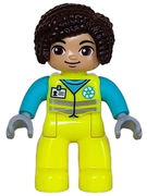 Duplo Figure Lego Ville, Female Garbage Worker, Neon Yellow Uniform, Medium Azure Shirt, White Name Badge and Recycle Logo, Dark Brown Hair (6446215)