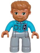 Duplo Figure Lego Ville, Male, Light Bluish Gray Legs, Medium Azure Jacket with Bright Pink Buttons and Glasses, Medium Nougat Hair and Beard (6465885)