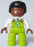 Duplo Figure Lego Ville, Female, Lime Legs with Overalls and Recycling Logo, Black Hair (6464666)